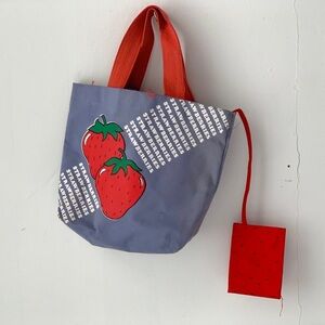 vintage strawberry mini-tote bag with red handles, attached change purse